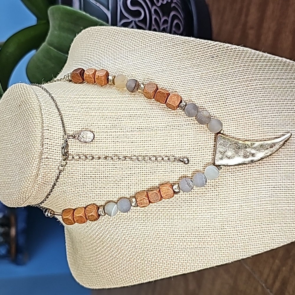 Gold and Brown Beaded Necklace with Pendant